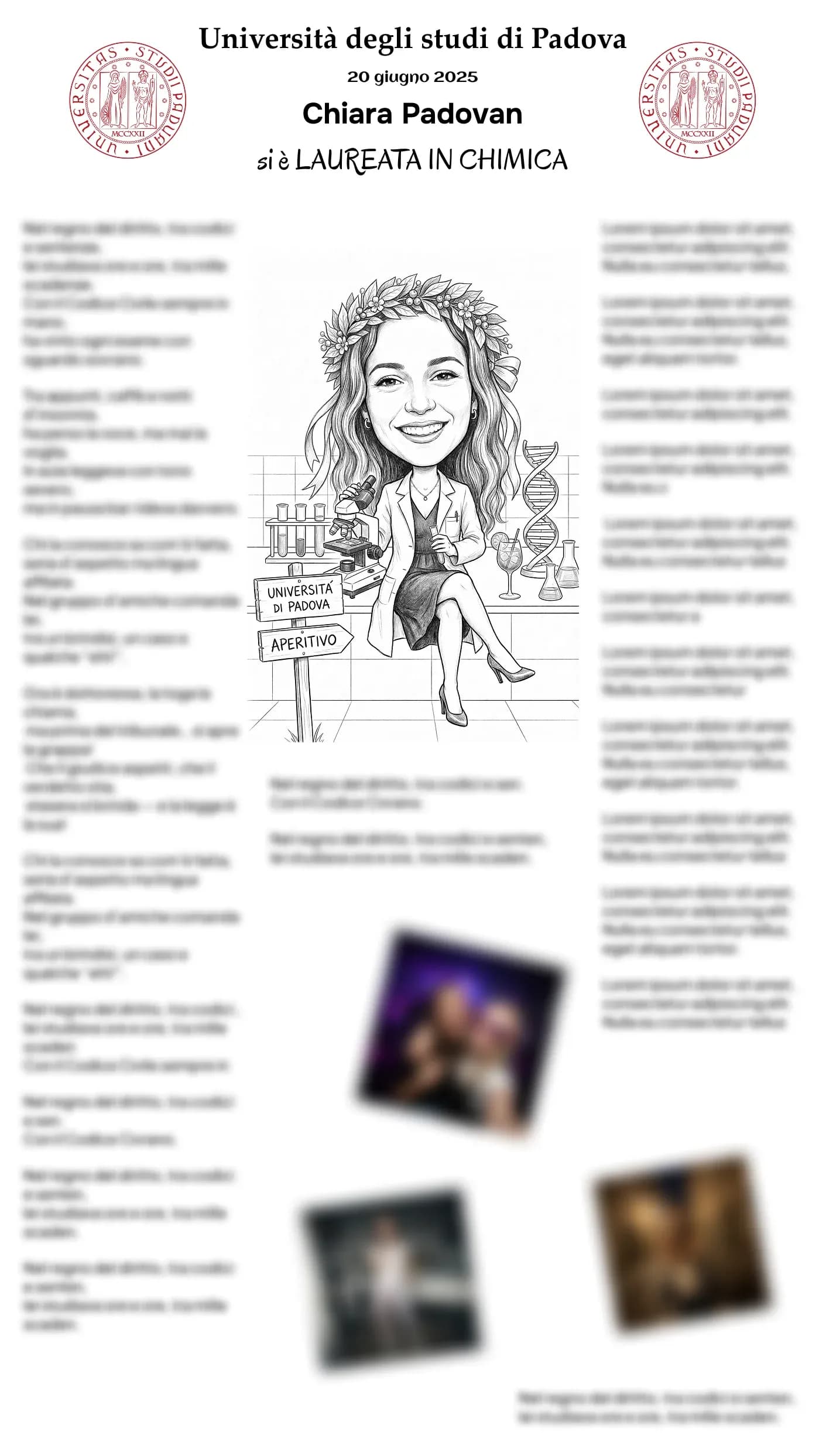 Papiro di laurea con caricatura personalizzata per una laureata dell'Università di Padova
