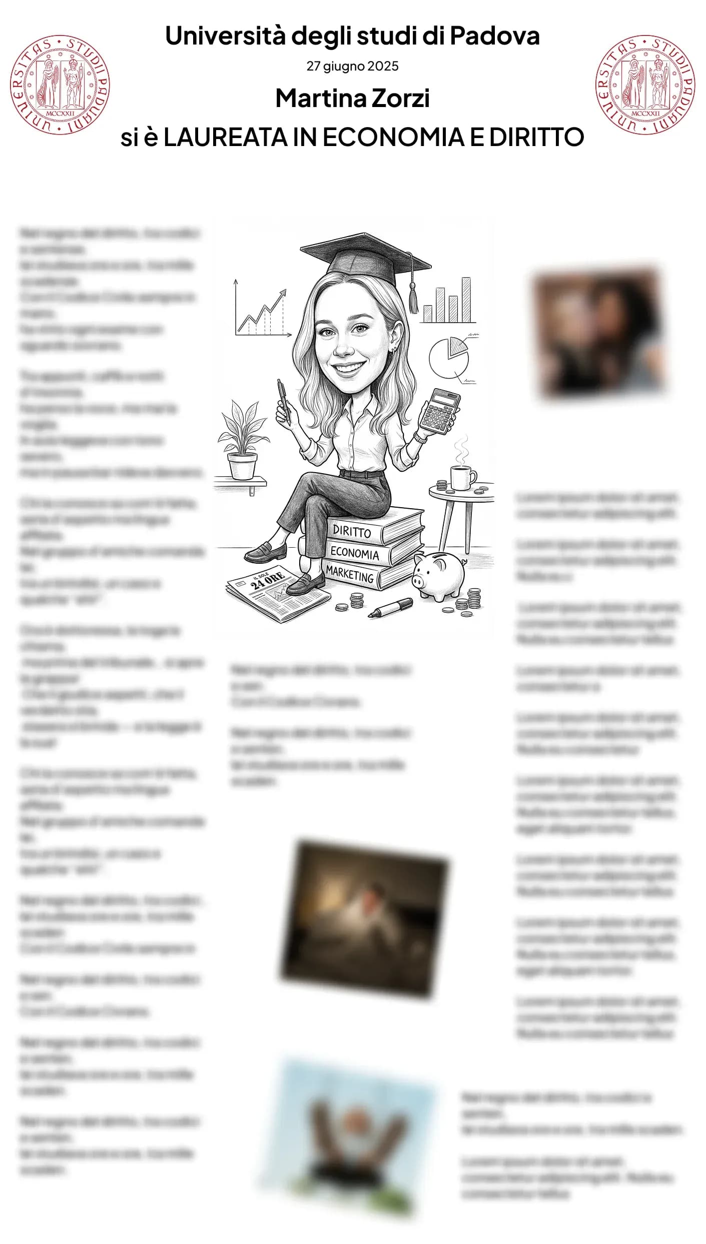 Papiro di laurea con caricatura personalizzata per una laureata in Economia all'Università di Padova