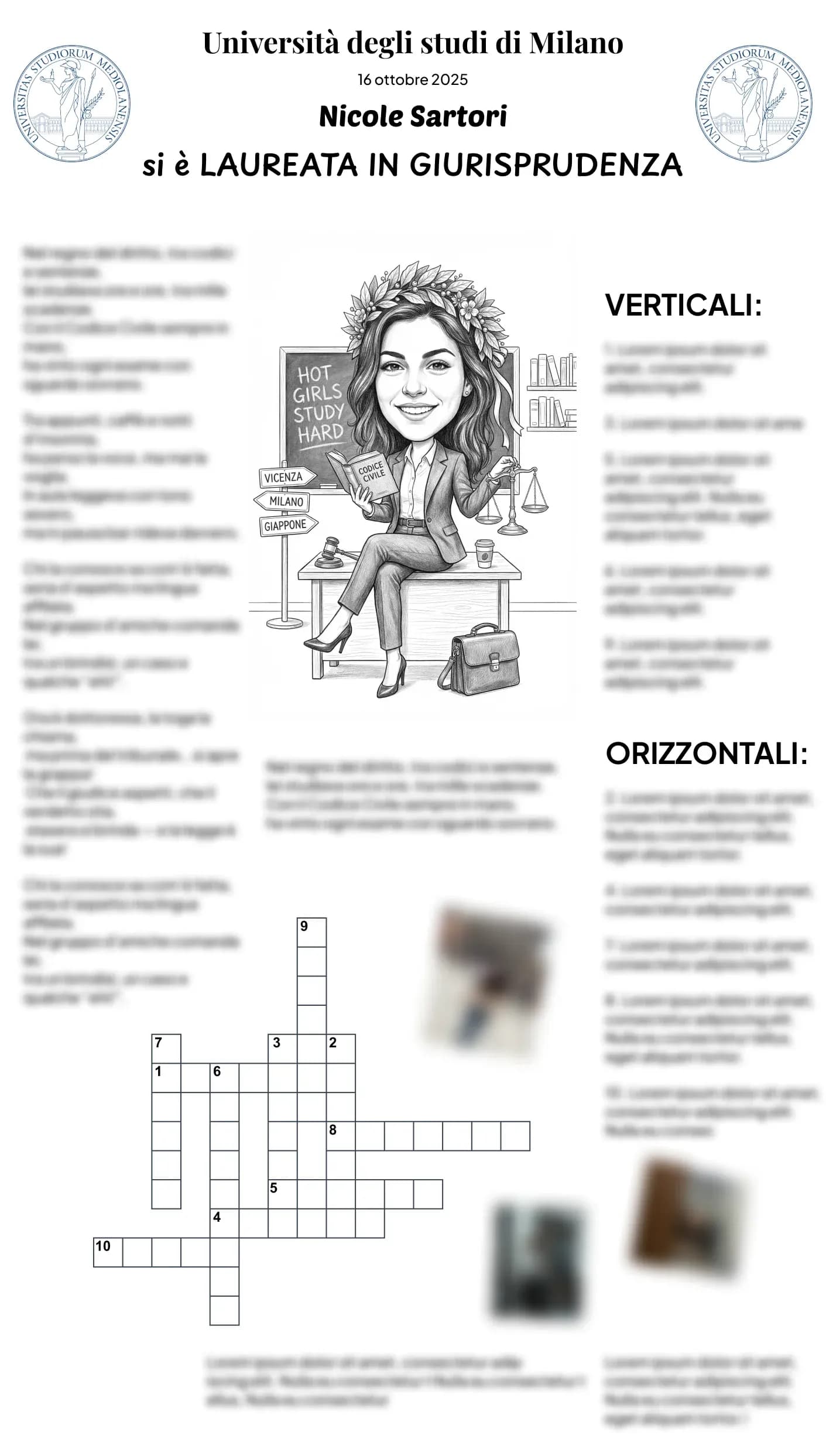 Papiro di laurea con caricatura personalizzata per una laureata in Giurisprudenza